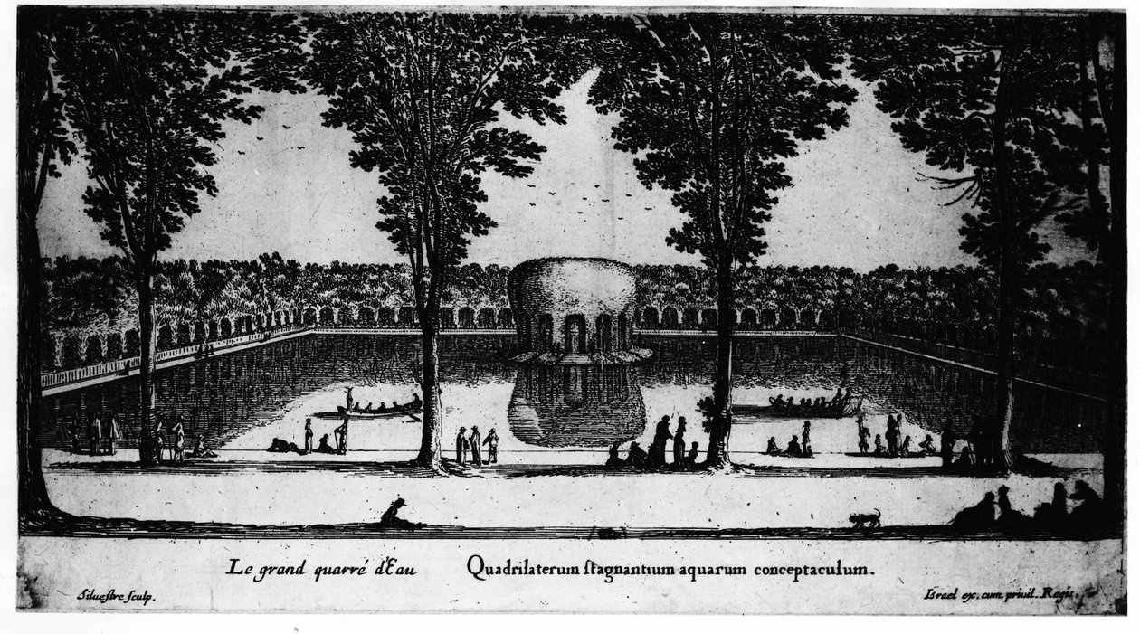 A grande praça de água do Château de la Rochefoucauld em Liancourt; por Israel. de Israel the Younger Silvestre