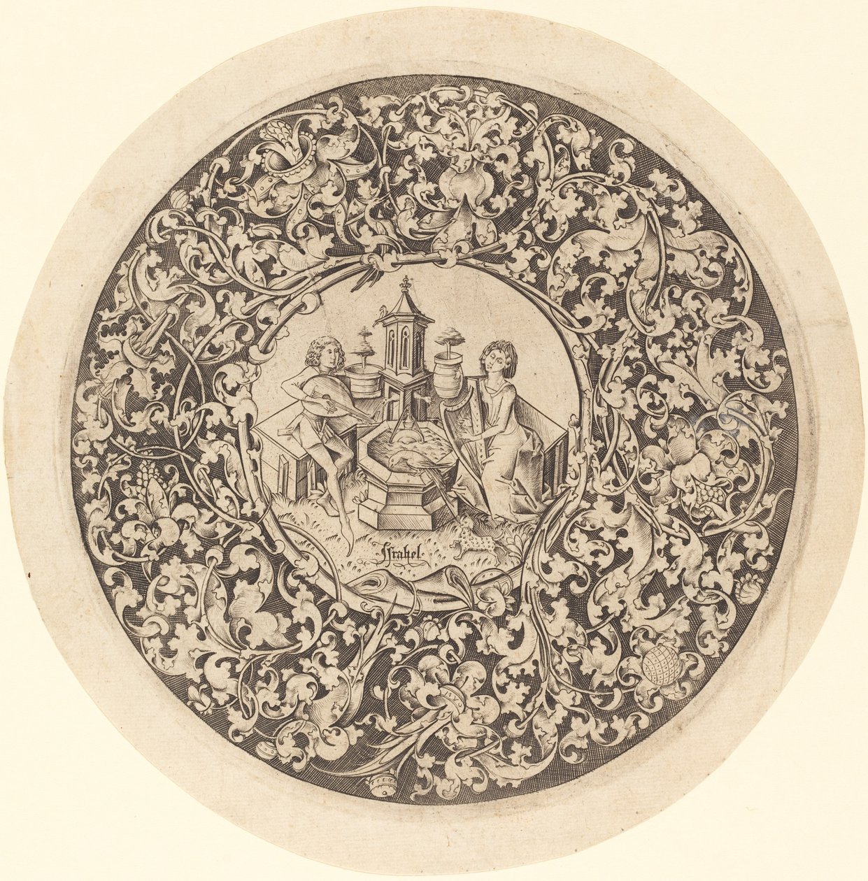 Ornamento circular com músicos tocando perto de um poço de Israhel van Meckenem