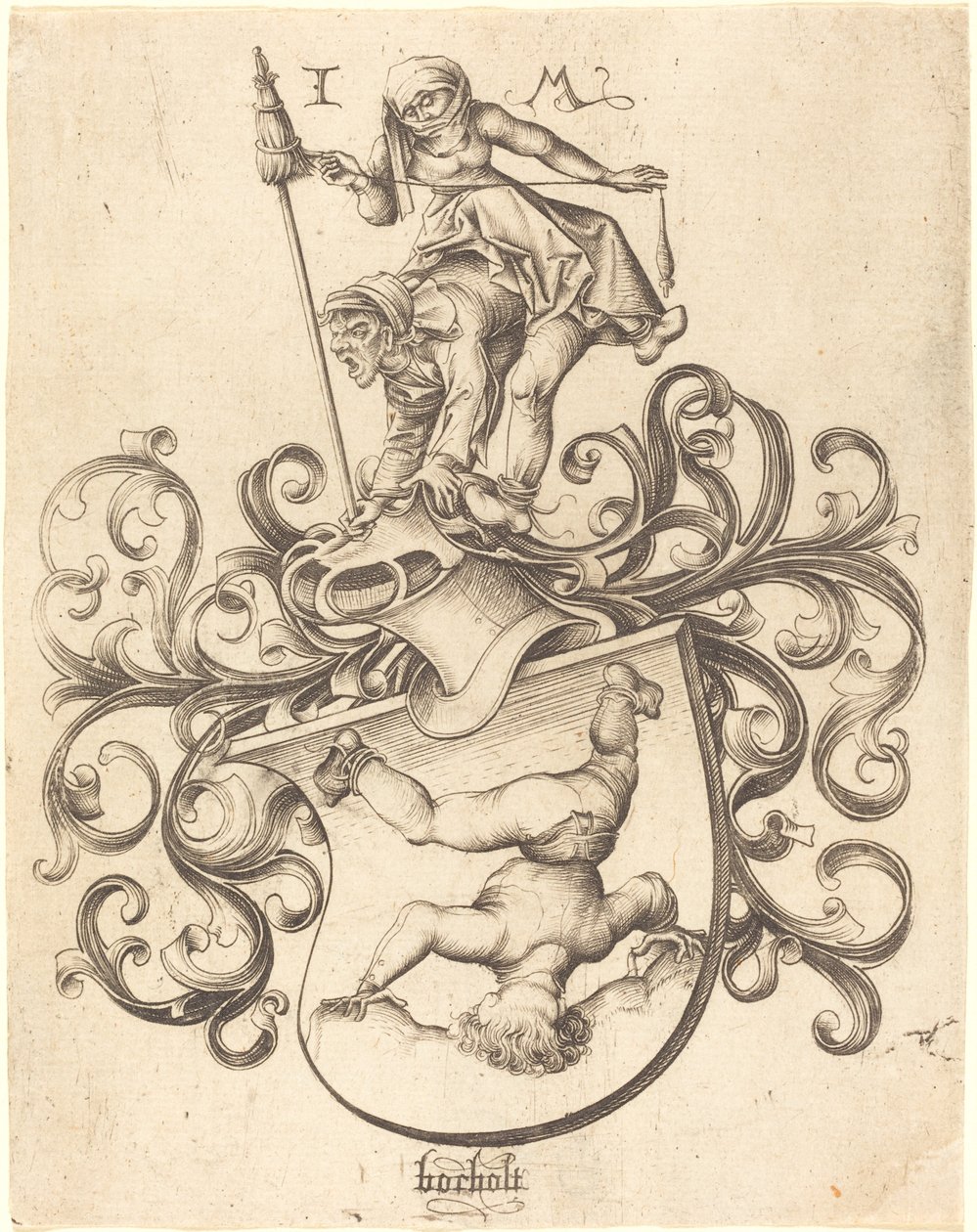 Brasão com Tumbling Boy, c. 14801490. de Israhel van Meckenem