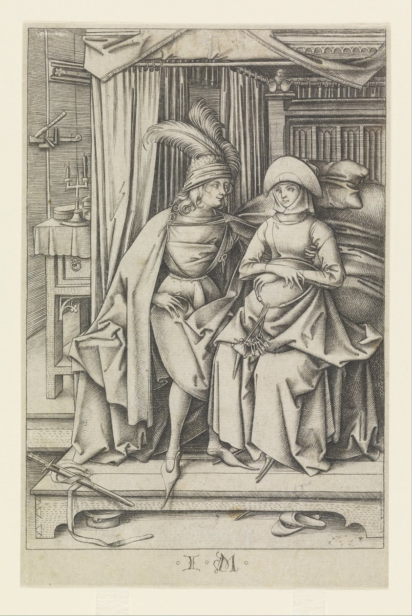 Casal sentado numa cama, de Cenas da vida quotidiana de Israhel van Meckenem