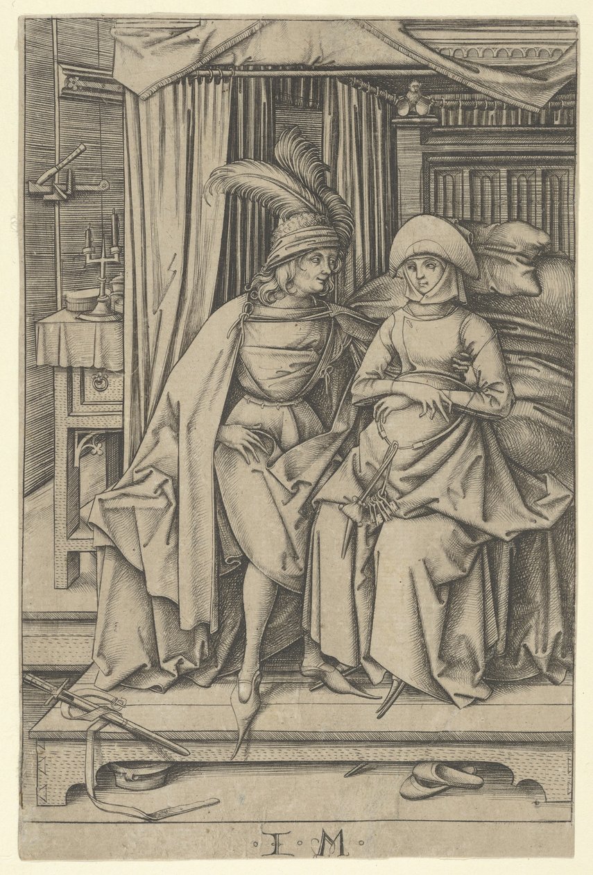 Casal sentado em uma cama, de Scenes of Daily Life,.n.d. de Israhel van Meckenem