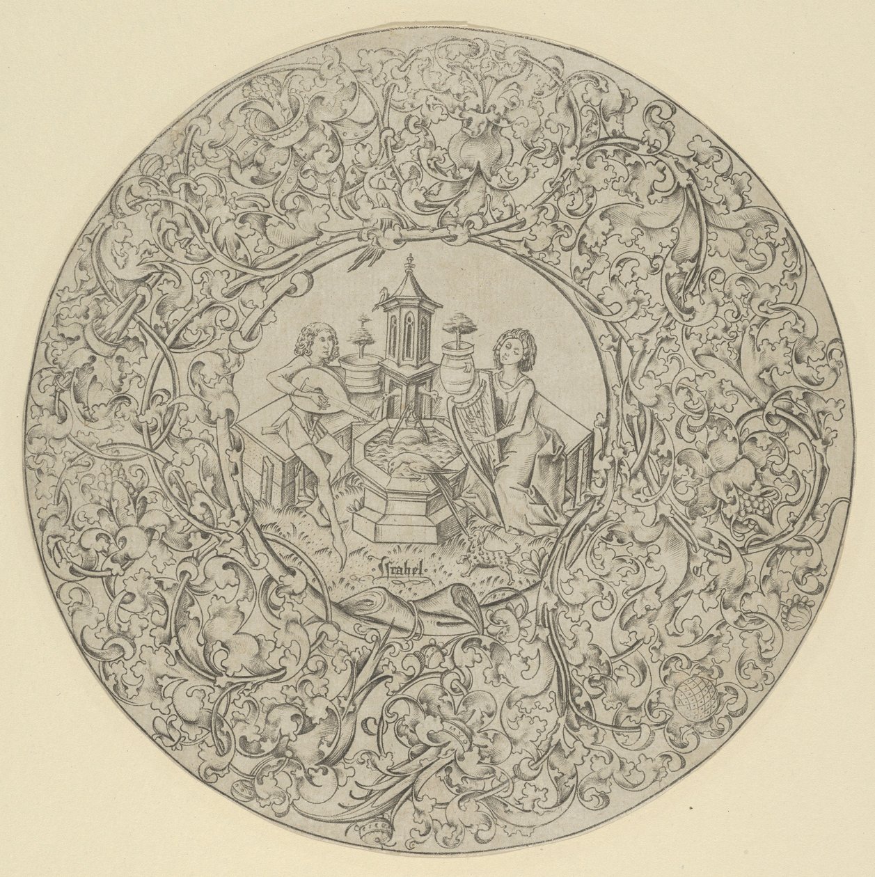 Jardim do amor, dentro de grande moldura circular ornamentada. de Israhel van Meckenem