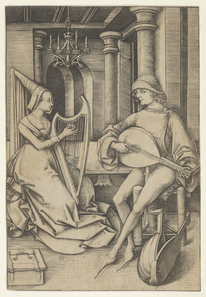 Alaúde e Harpista, de Scenes of Daily Life,.n.d. de Israhel van Meckenem