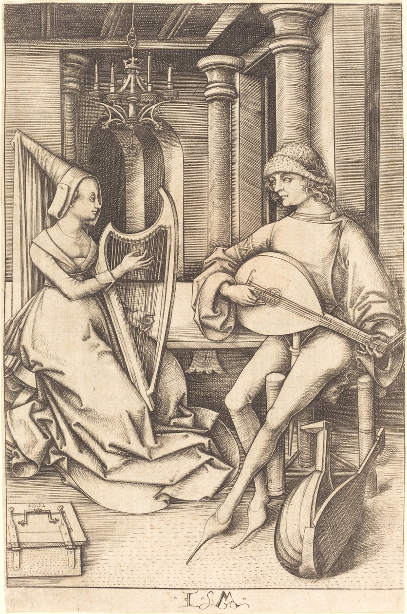 O tocador de alaúde e a harpista, c. 14951503. de Israhel van Meckenem