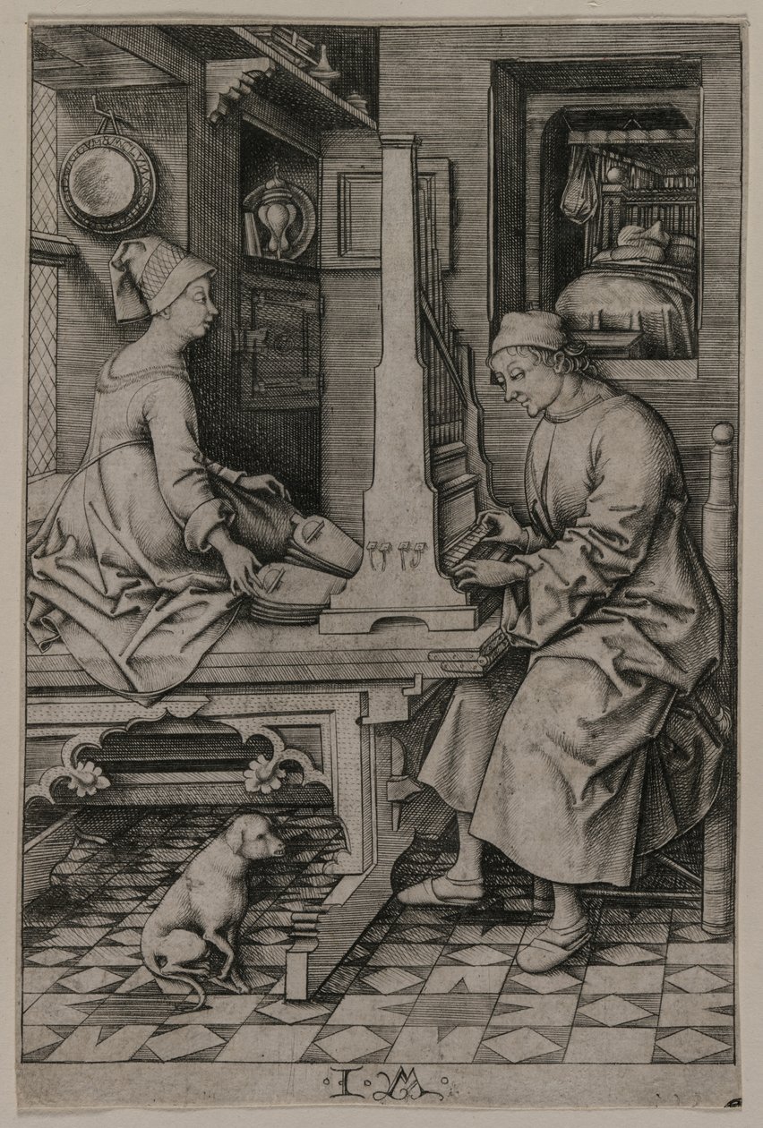 O tocador de órgãos e sua esposa, 1495-1503. de Israhel van Meckenem
