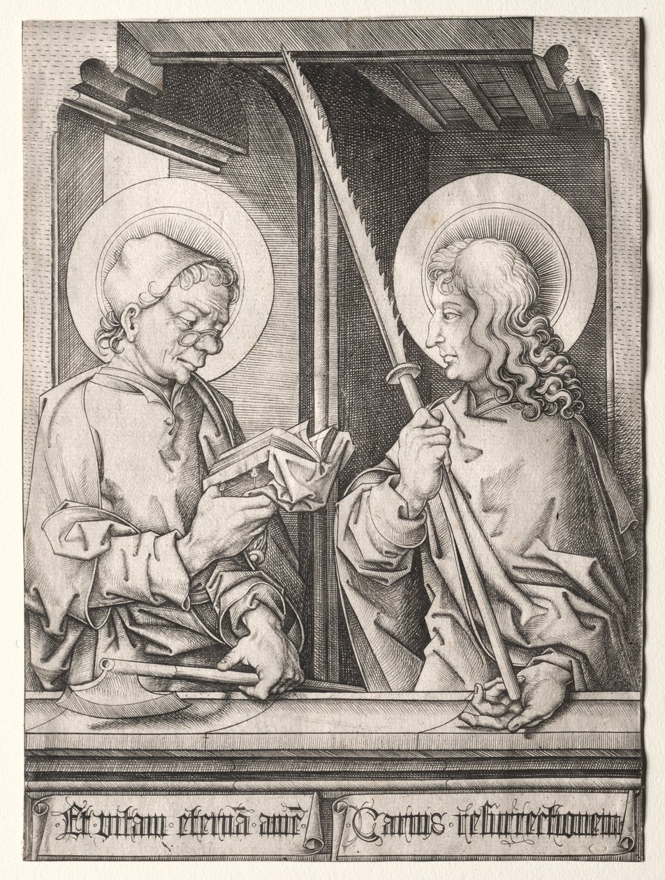 Os doze apóstolos nas janelas góticas: São Matias e São Judas Tadeu. de Israhel van Meckenem