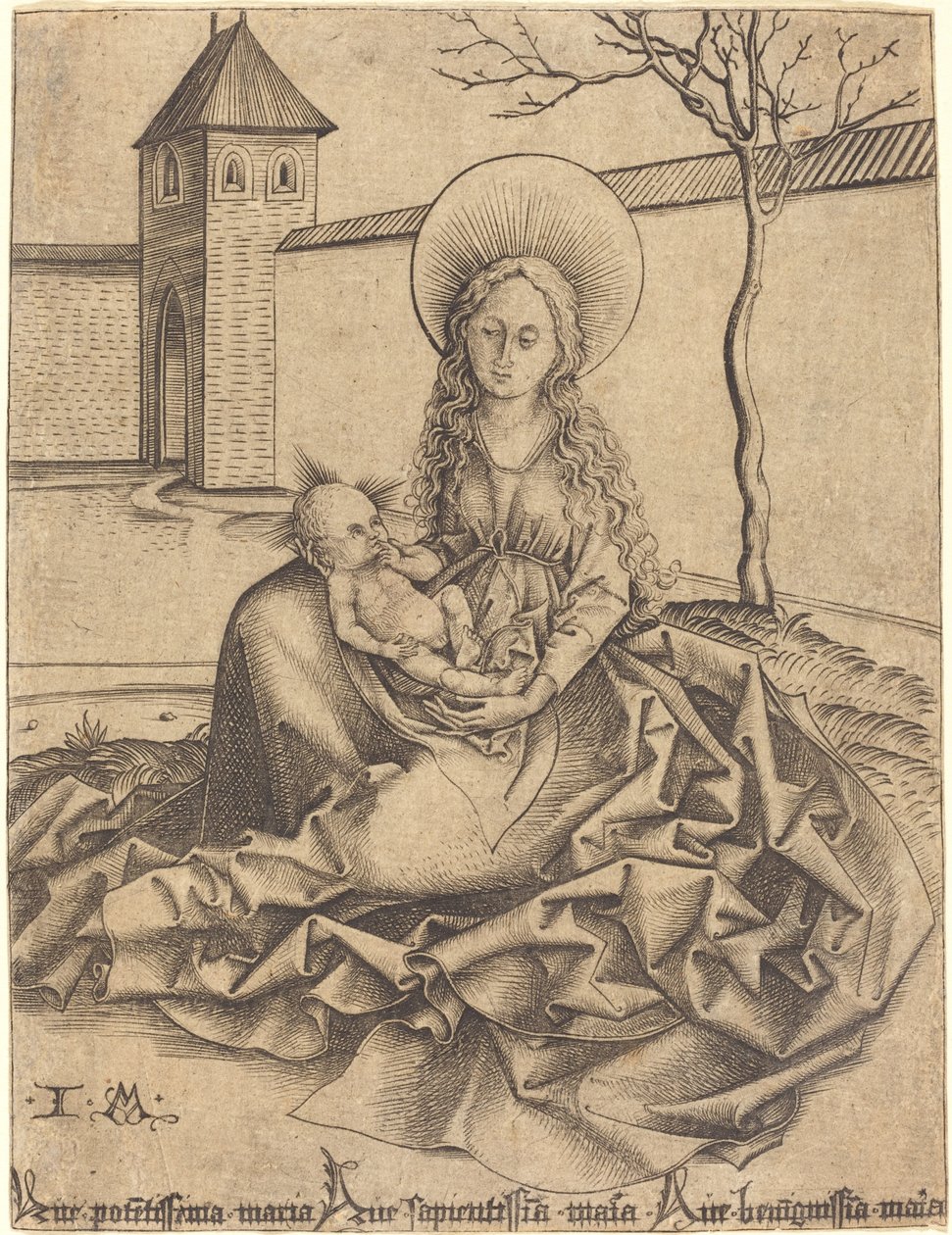 Virgem e criança em um pátio de Israhel van Meckenem after Martin Schongauer