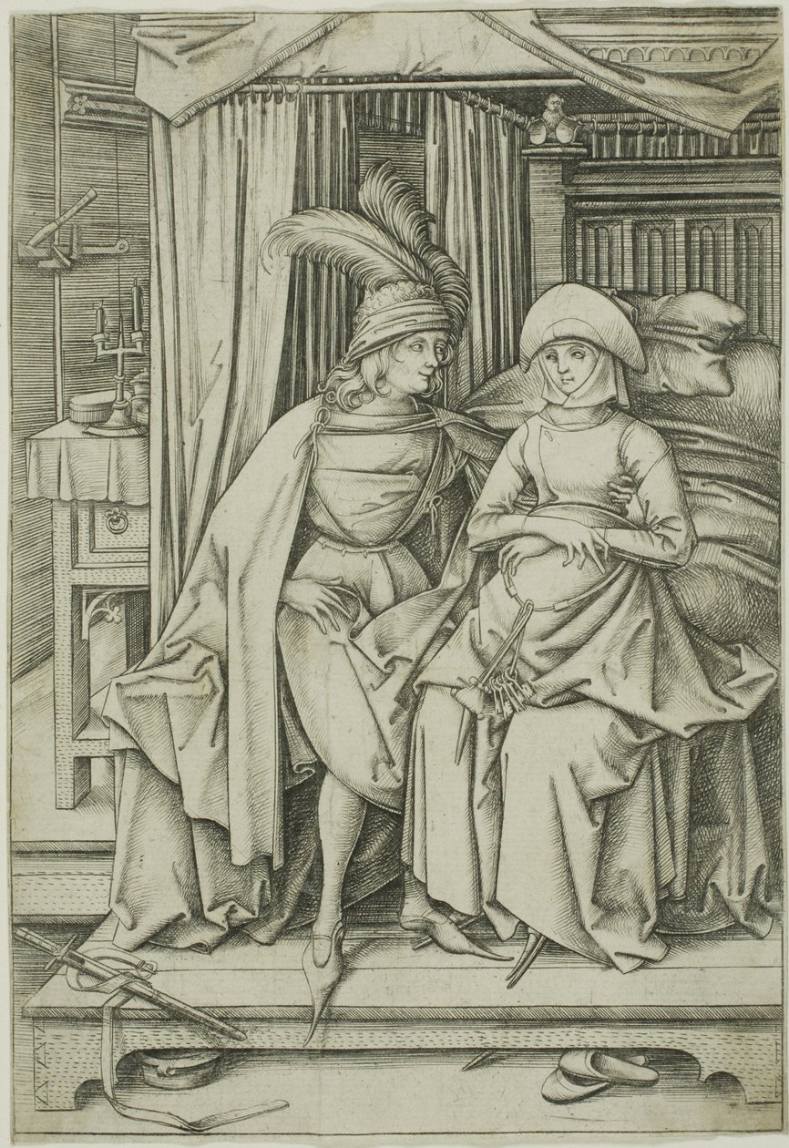 Um homem e uma mulher sentados numa cama de Israhel van Meckenem the younger
