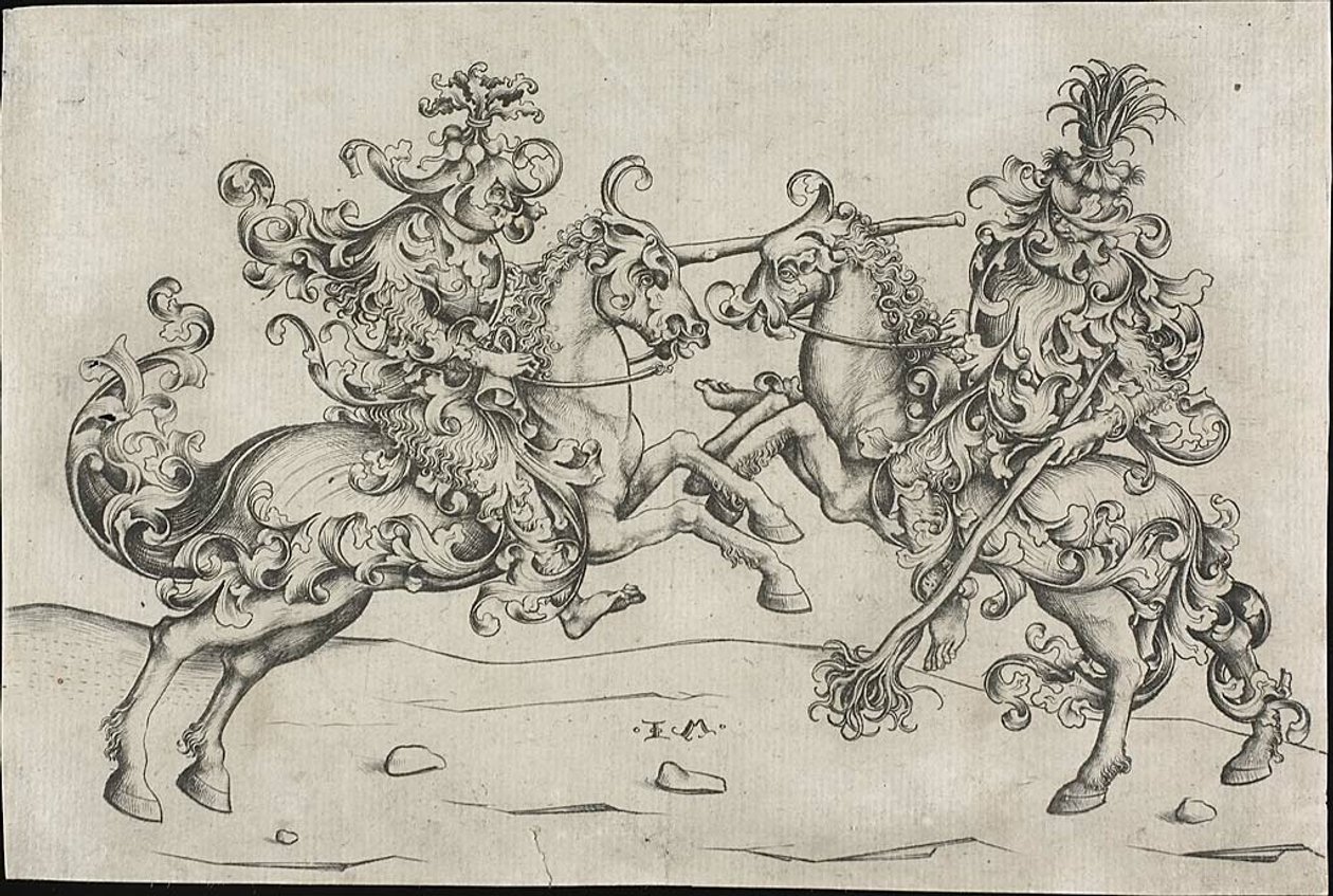 Combate de dois homens selvagens a cavalo de Israhel van Meckenem the younger