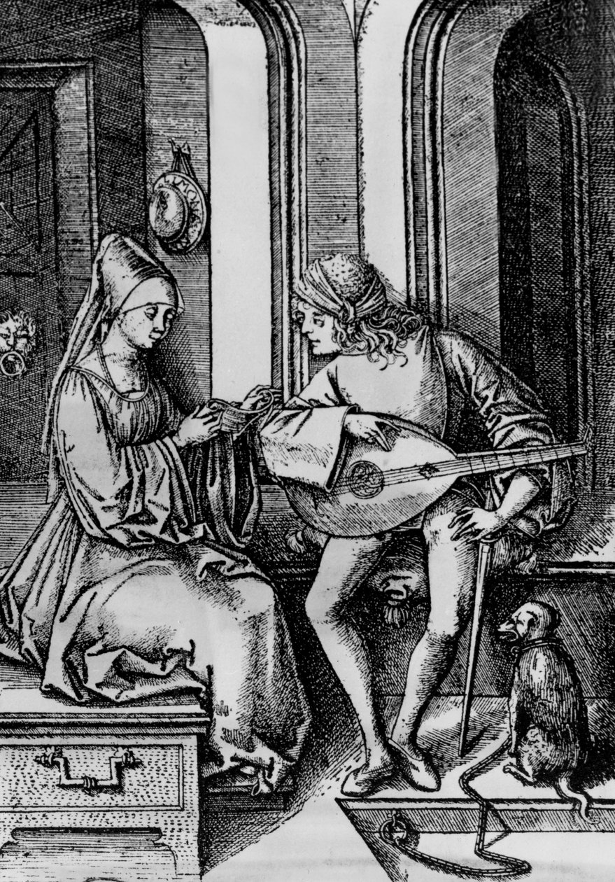 Uma mulher cantando enquanto um homem toca um alaúde (gravura) de Israhel van the younger Meckenem