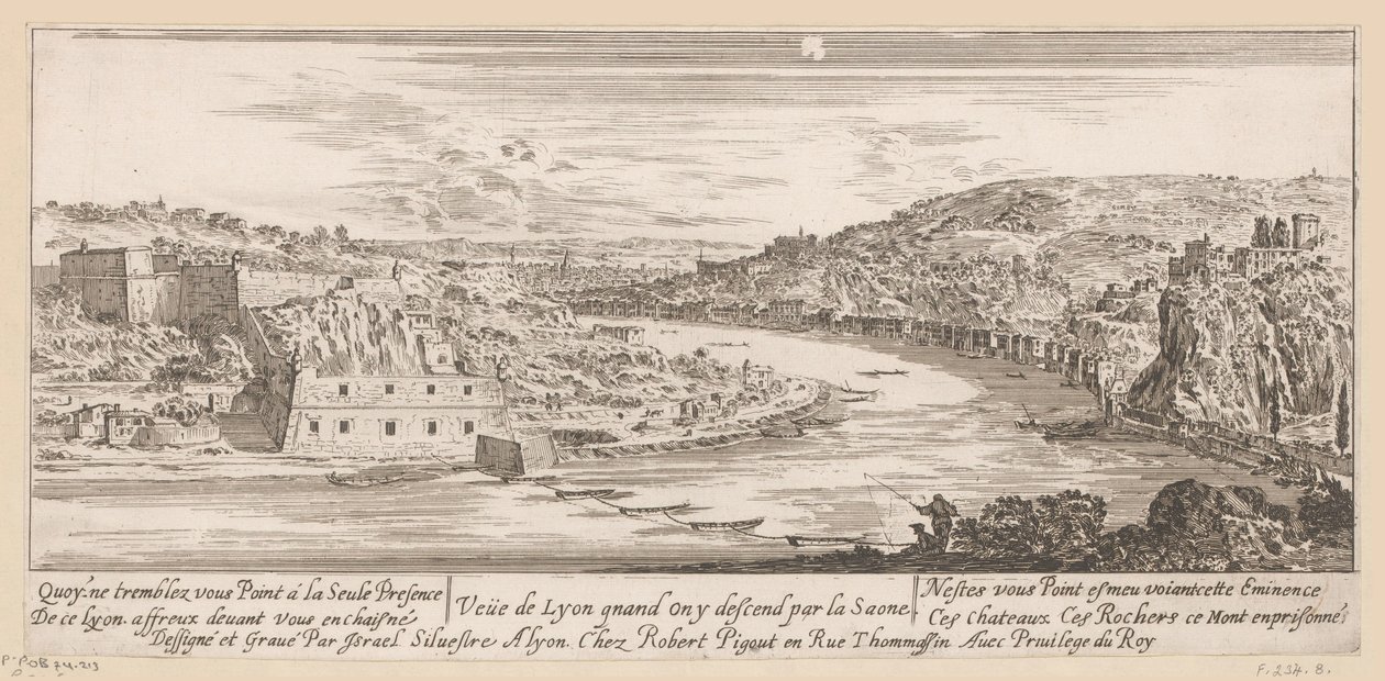 Vista de Lyon em uma curva do Saône Veue de Lyon quand on y descer par la Saone (título no objeto) de Israël Silvestre