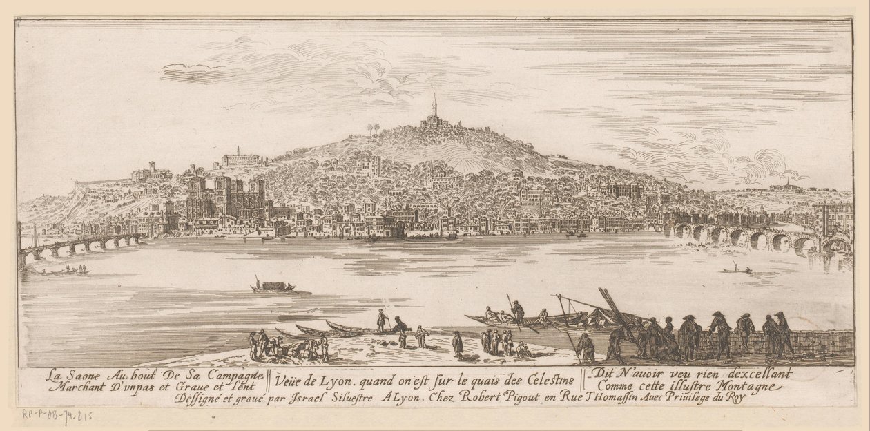 Vista de Lyon do banco perto do mosteiro celestino
Veue de Lyon quand on est sur les quais des Celestins (título sobre o objecto) de Israël Silvestre