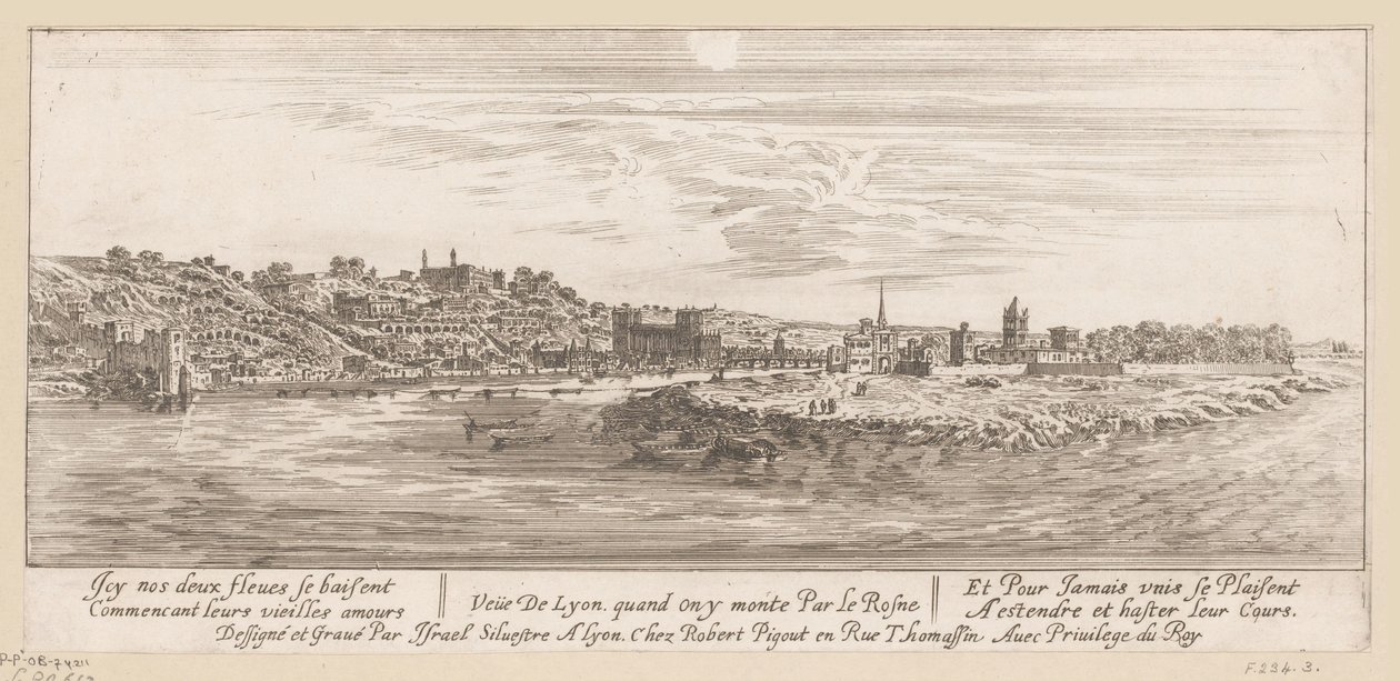 Vista do Reno em Lyon Veue de Lyon quand on y monte par le Rosne (título no objeto) de Israël Silvestre