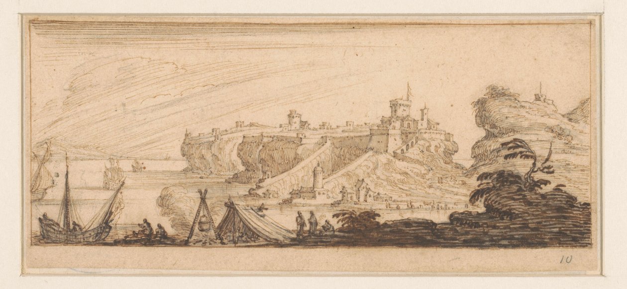 Vista costeira com uma tenda aberta e pescadores Projetando para uma série impressa com paisagens litorâneas (título da série) de Israël Silvestre