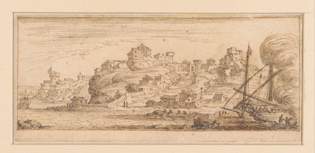 Vista costeira com um navio a ser remodelado do lado direito
Desenhos para uma série impressa com paisagens costeiras (título da série) de Israël Silvestre