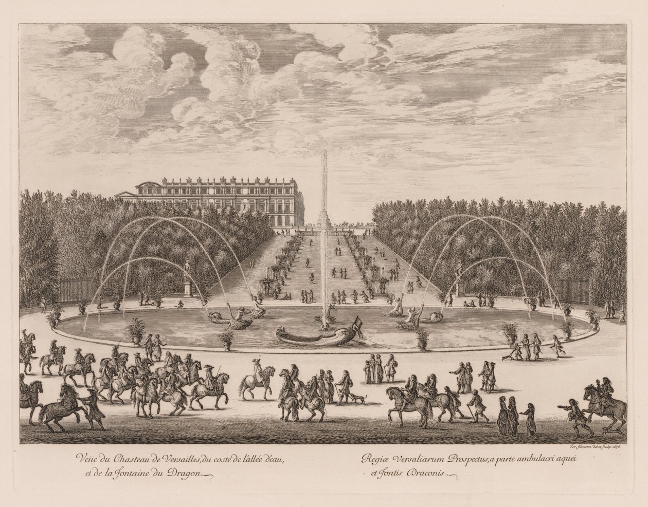 Vista do Château de Versailles, do lado do beco e da fonte do Dragão de Israël Silvestre
