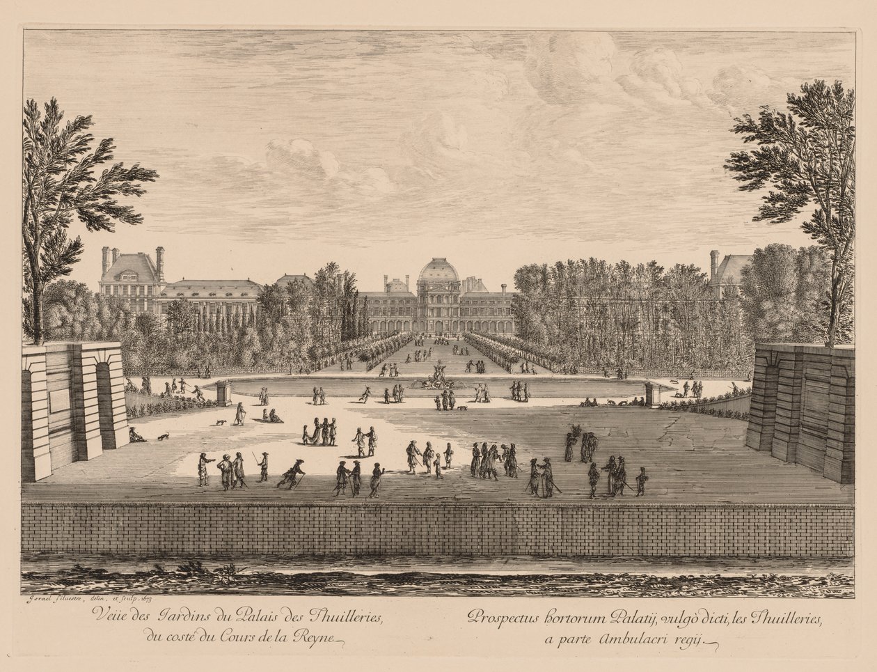 Vista do Palácio e Jardins das Tulherias, no lado de Cours la Reine, 1673. de Israël Silvestre