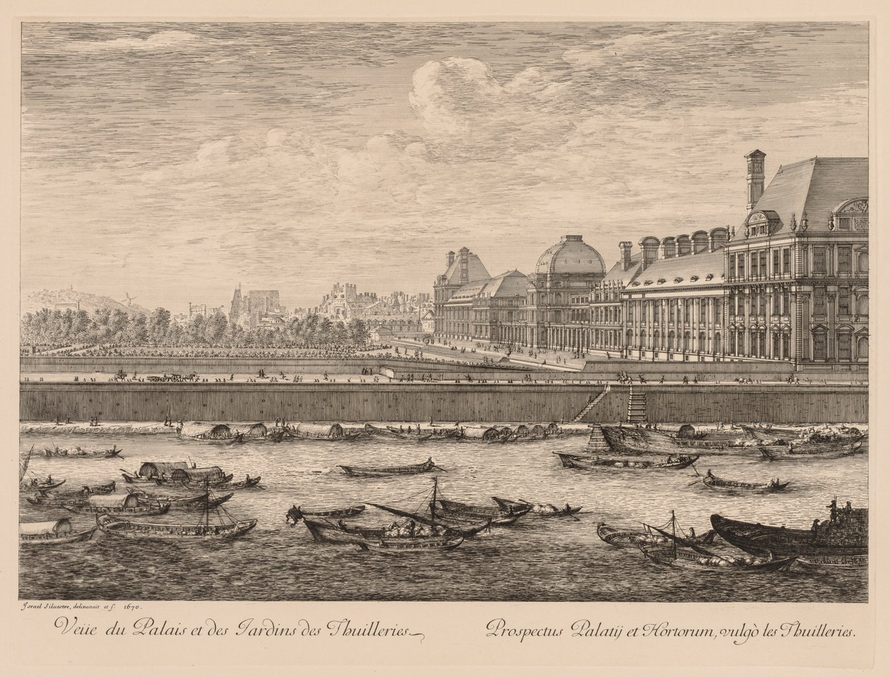 Vista do Palácio e Jardins das Tulherias, do lado do cais, 1670. de Israël Silvestre