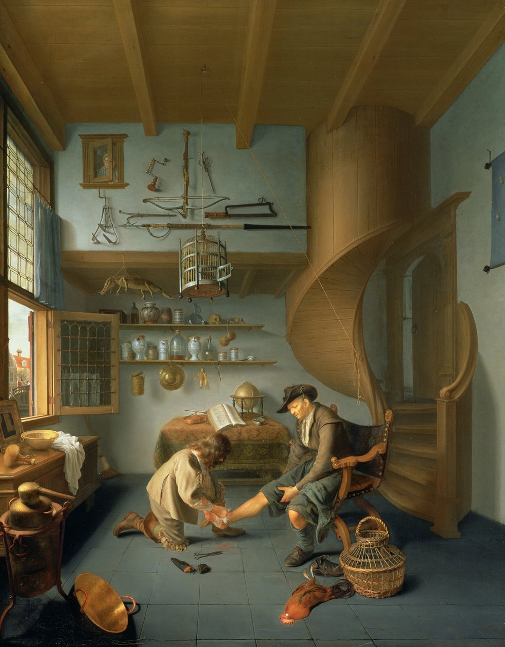 Um cirurgião barbeiro cuidando do pé de um camponês, c.1650 (painel) de Issac Koedyck