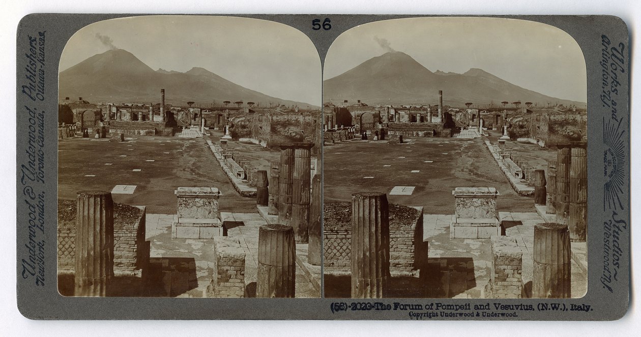 O Fórum de Pompéia com o Vesúvio ao fundo, da The Underwood Travel Library, 1895 (foto sépia) de Italian Photographer