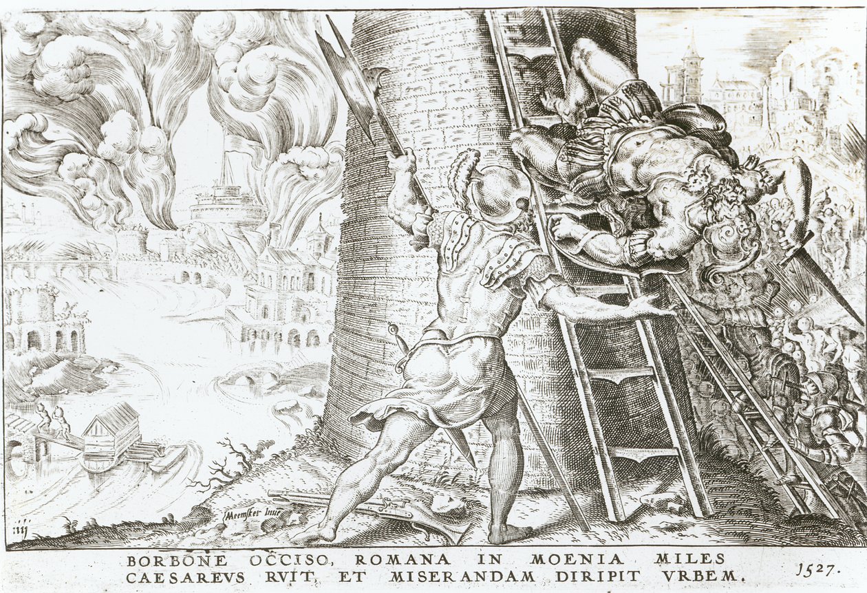Na morte de Charles Bourbon (1490-1527), as tropas de Charles V (1500-58) Storm the Walls of Rome, 1527 de Italian School