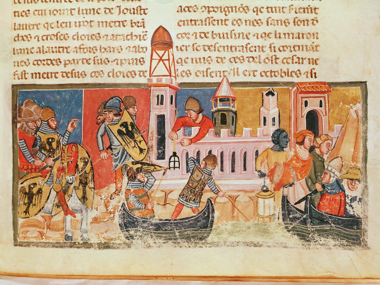 Batalha contra as paredes de uma cidade, de &39;Le Vite di Dodici Cesari&39; por Suetônio (c.75-150) de Italian School
