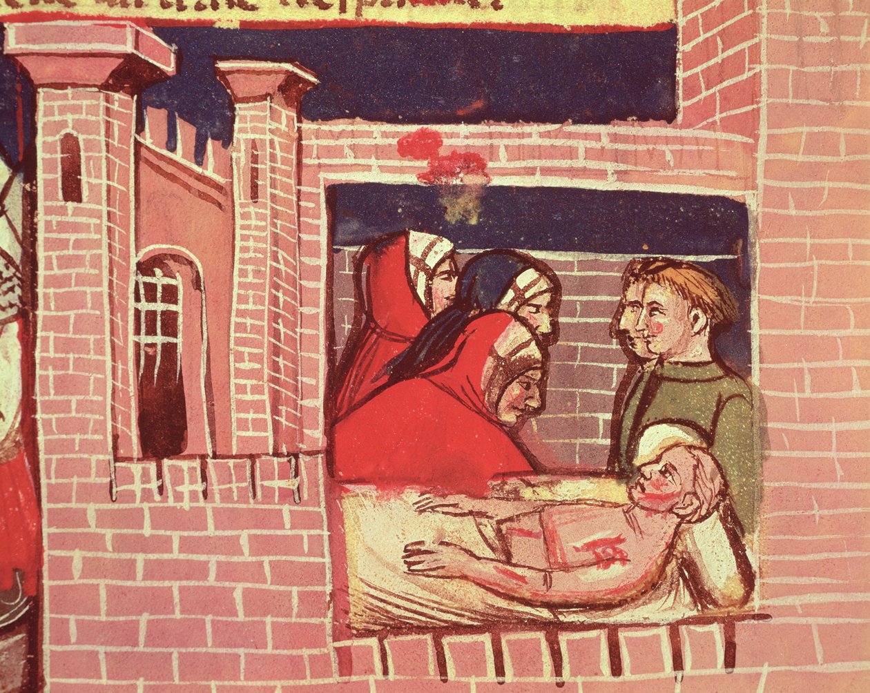 Cuidando de um homem ferido em um castelo, de um códice veneziano de Italian School