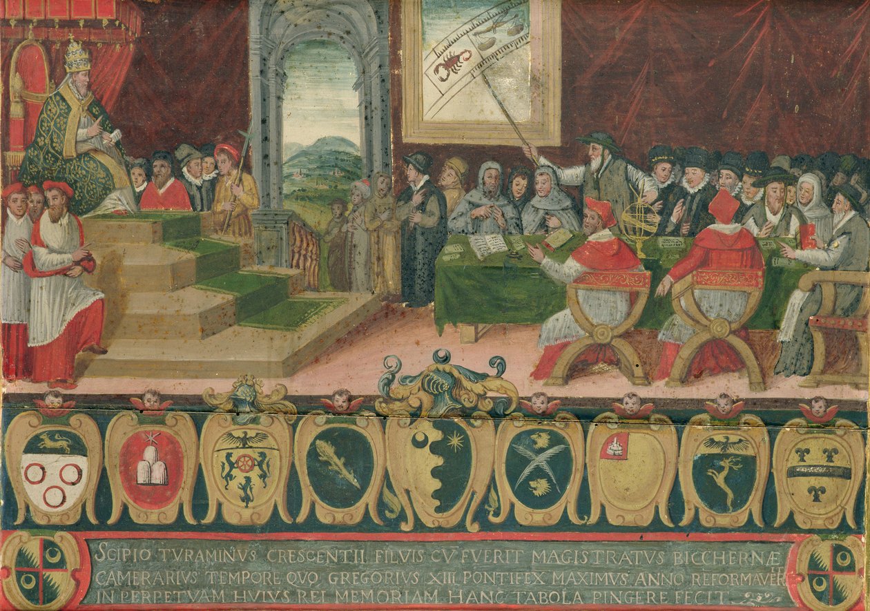 Discussão da Reforma do Calendário sob o Papa Gregório XIII (1502-85) substituído pelo Calendário Gregoriano, Roma, 15 de outubro de 1582 (ver também 102626) de Italian School