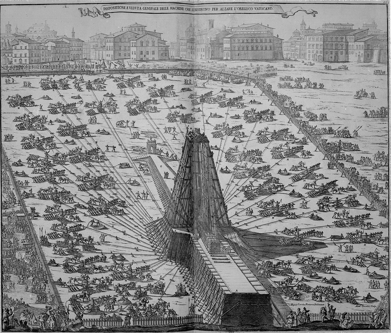 Erigindo o Obelisco Egípcio Antigo na Praça de São Pedro, em Roma, gravado por Niccola Zabaglia de Italian School