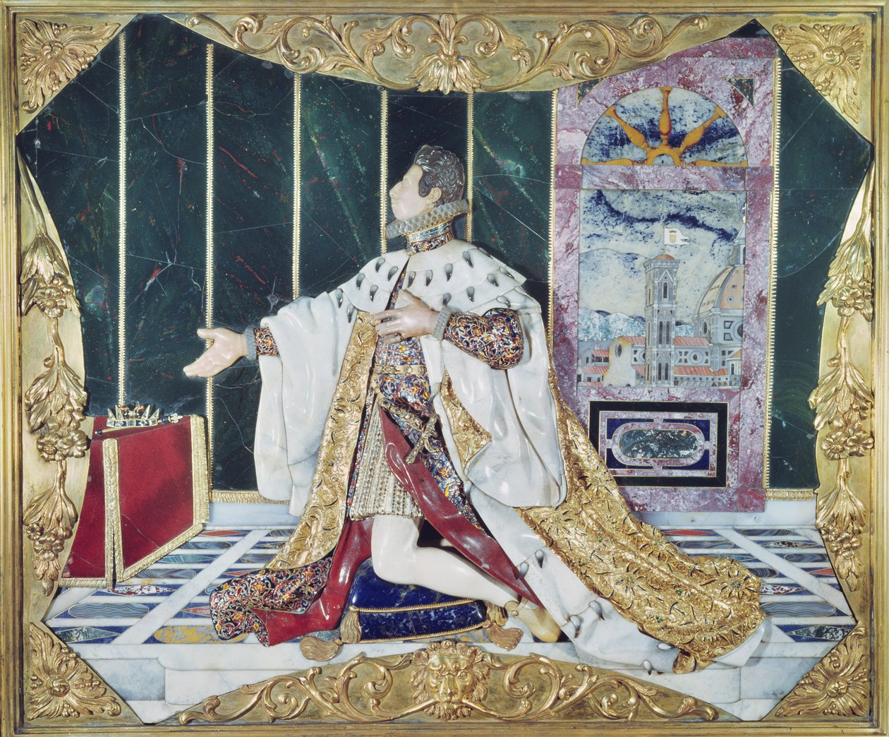 Ex-voto, 1617-24 (pietra dura, esmalte, gemas e moldura de bronze dourada) de Italian School