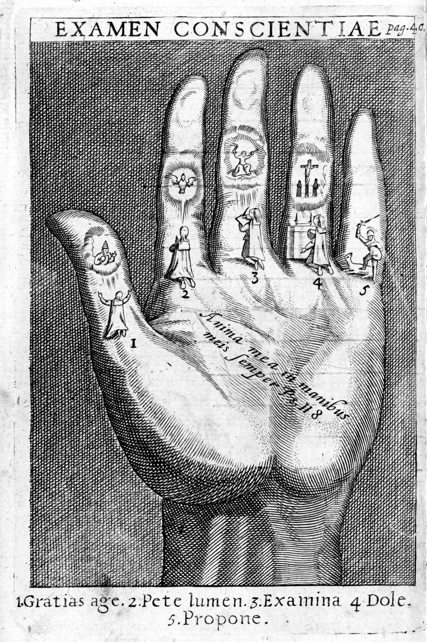 Exame de consciência, de uma &39;Exercícios Espirituais&39; por St. Inácio Loyola, impresso em 1689 de Italian School
