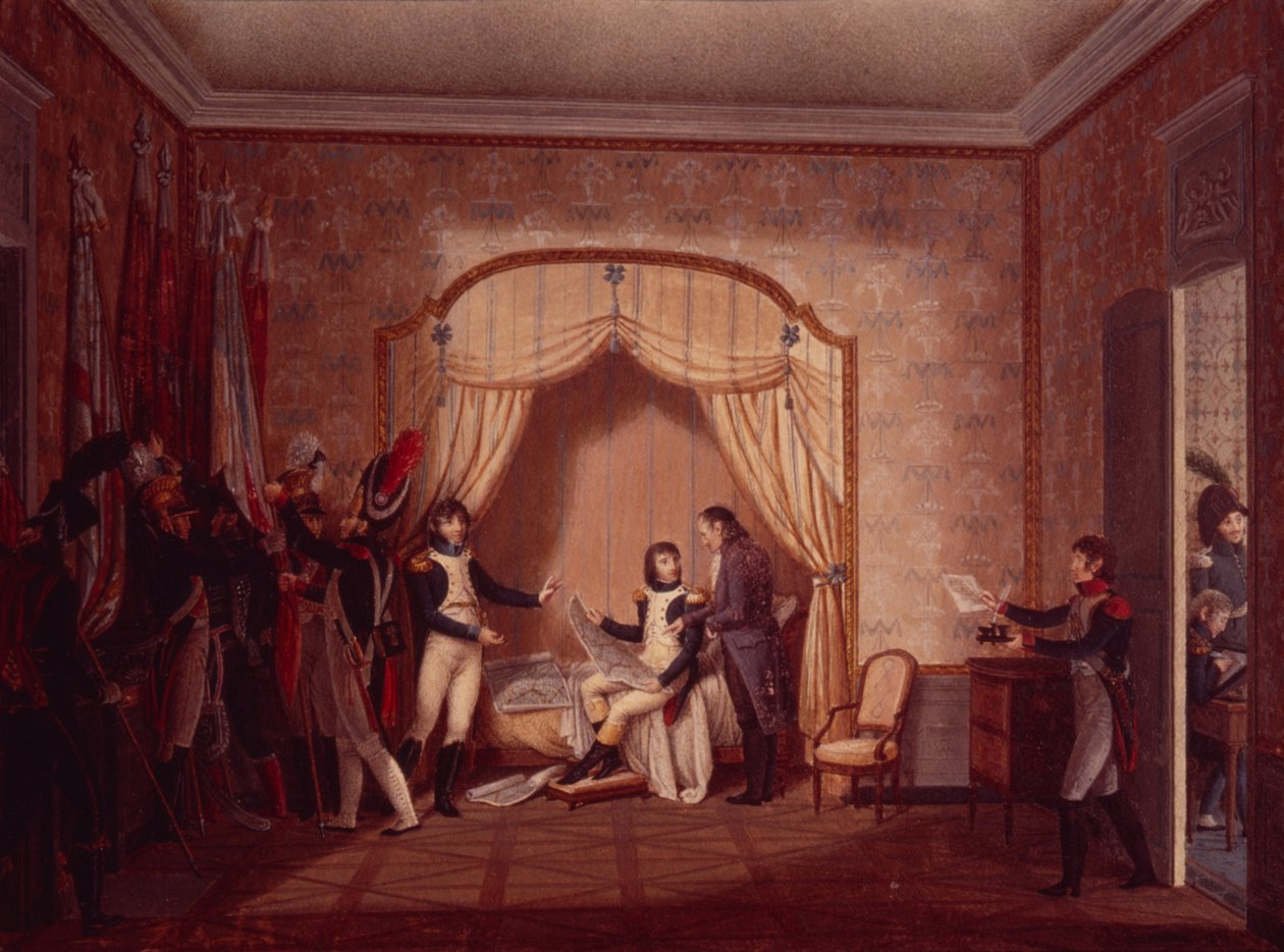 General de Marmont mostra Bonaparte as bandeiras capturadas de Montenetto e Cossaria, 1796 de Italian School