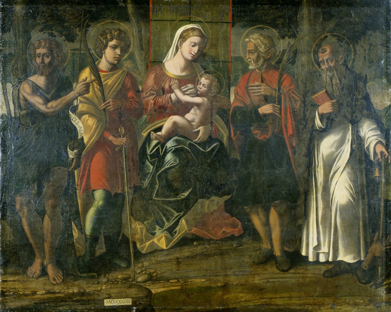 Madonna e criança com John the Baptist, Anthony e outros santos, 1534 (têmpera sobre tela) de Italian School