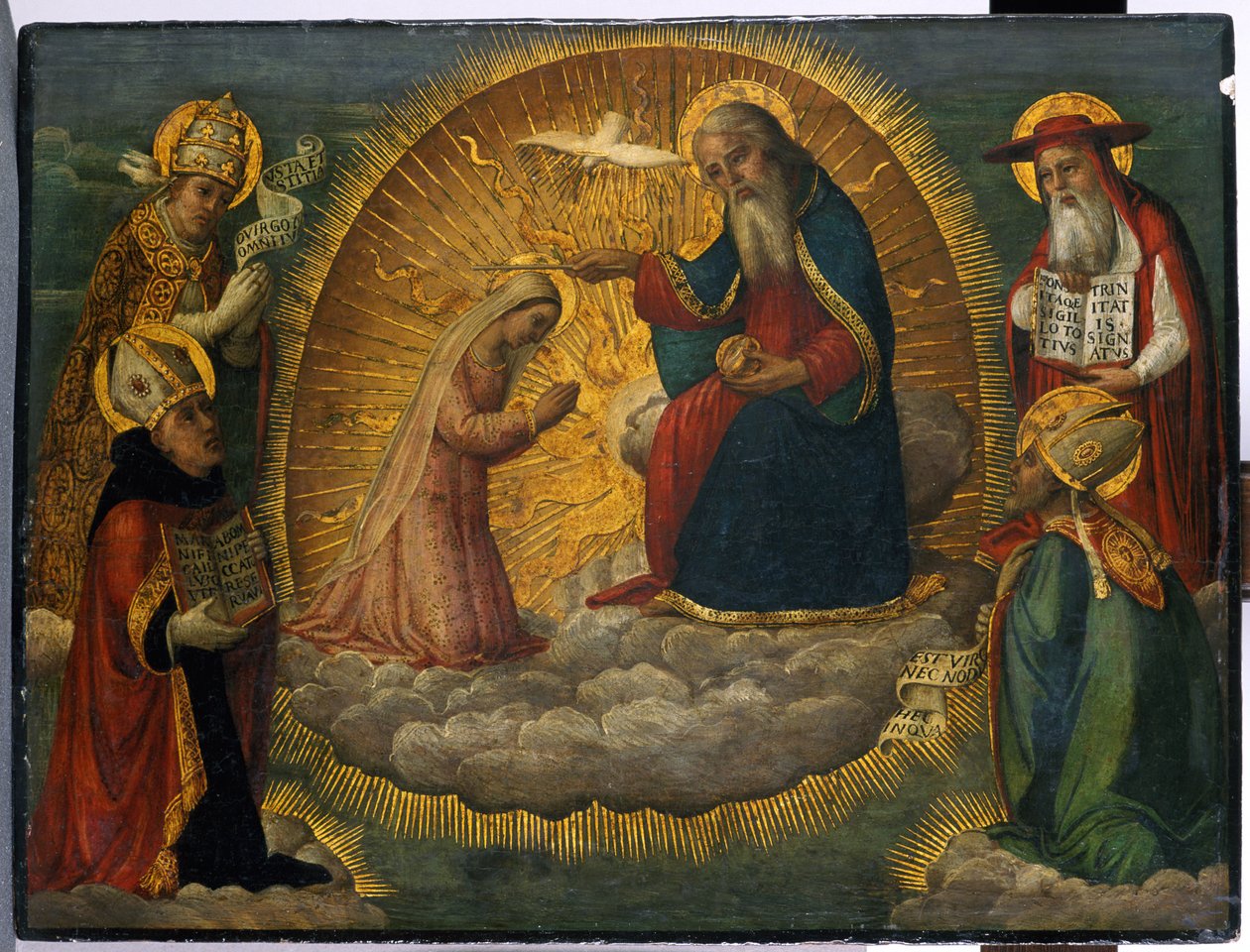 Maria diante de Deus Pai, vigiada pelos quatro Padres da Igreja (tempera da madeira do choupo) de Italian School