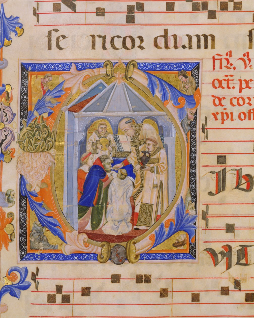 Ms 570 f.81v Historiated C inicial representando a Eucaristia, de Missal D, por um iluminador toscano, de San Marco e Cenacoli de Italian School