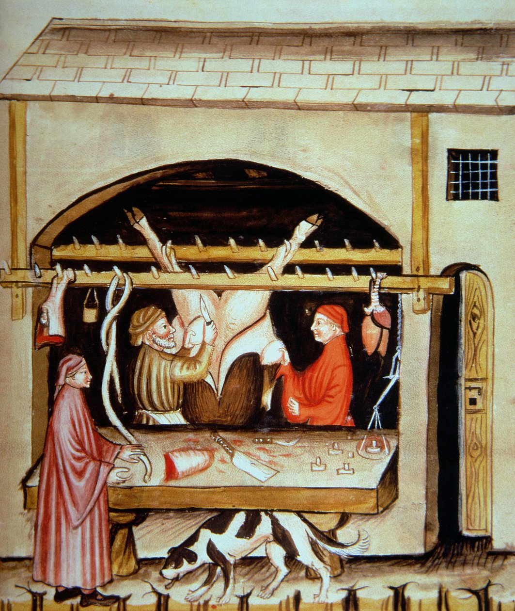 Nova 2644 fol.79r Os açougueiros: Removendo os úberes, de Tacuinum Sanitatis de Italian School