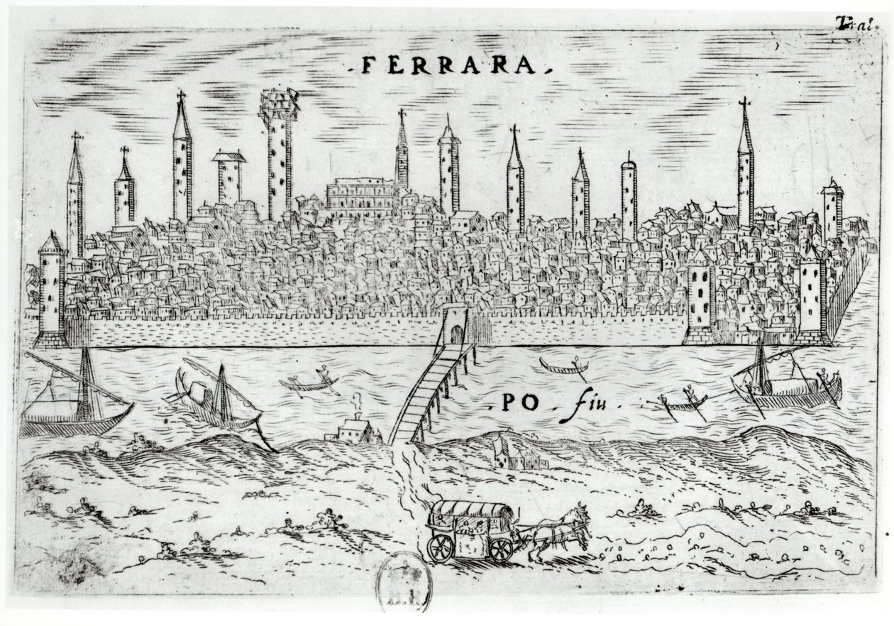 Vista panorâmica de Ferrara da margem oposta do rio Po de Italian School