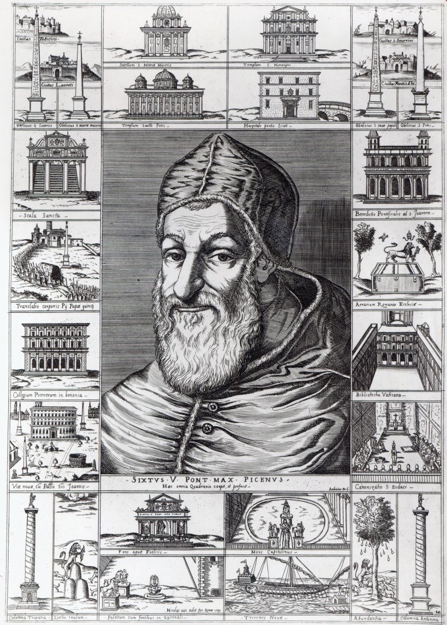 Papa Sixtus V, rodeado pelas igrejas, edifícios e monumentos construídos ou restaurados durante o seu pontificado, gravado por Ambrosius, 1589 de Italian School