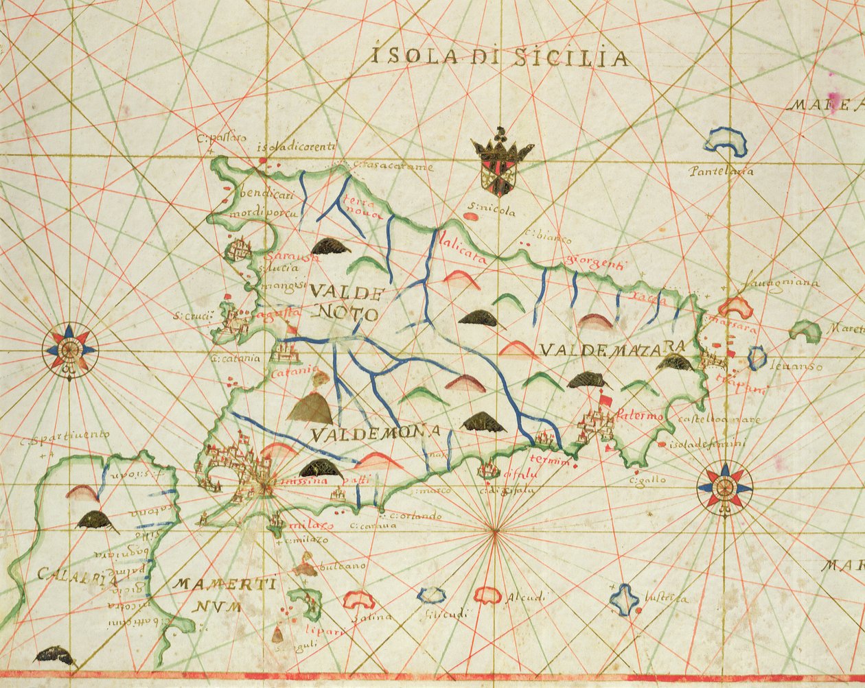 Sicília e o Estreito de Messina, de um atlas náutico, 1646 (tinta sobre velino) de Italian School