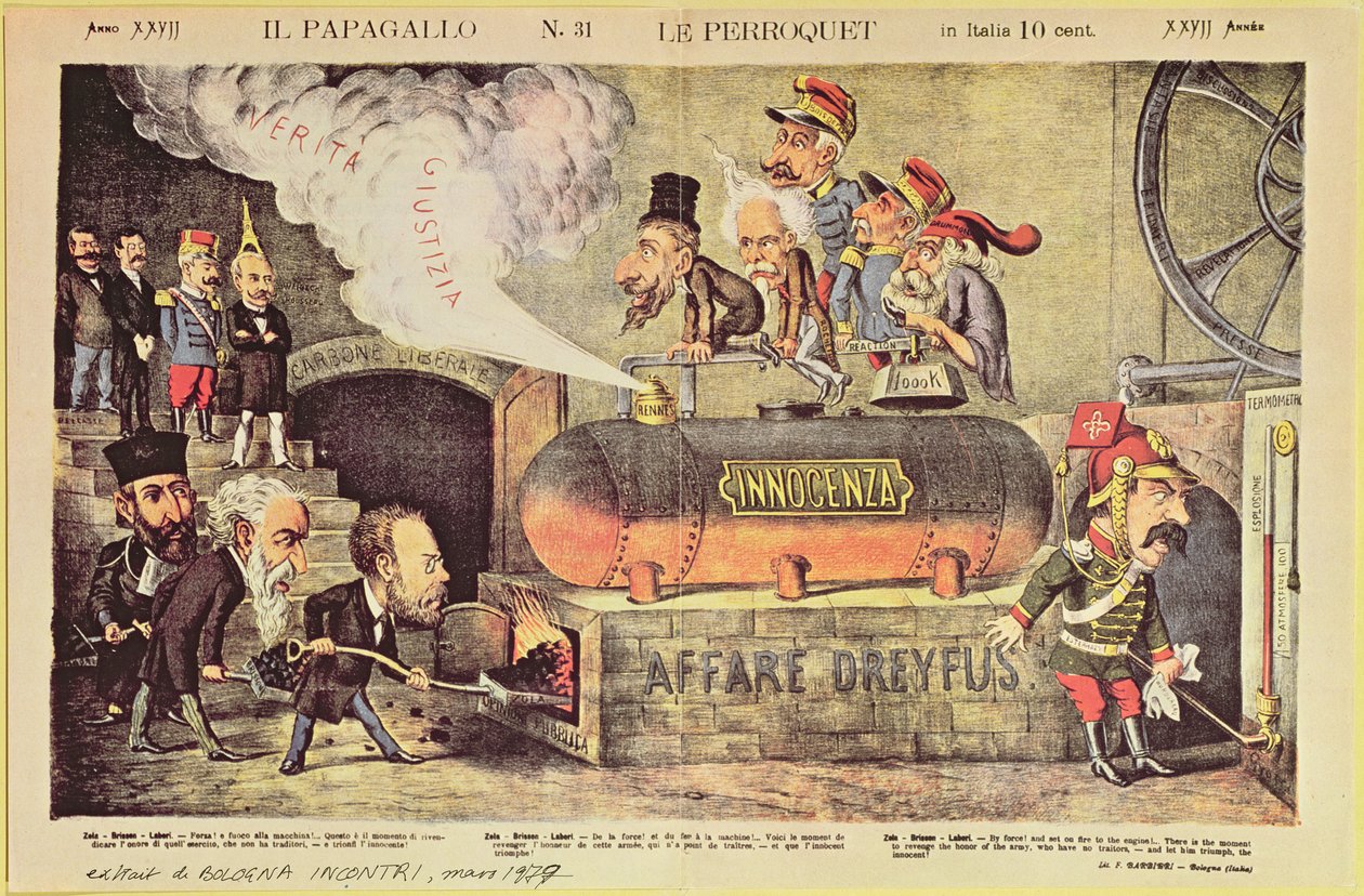 The Dreyfus Affair, 22 de dezembro de 1894, desenho animado satírico italiano de "Le Perroquet" (Il Pappagallo), nº 31, agosto de 1899 de Italian School