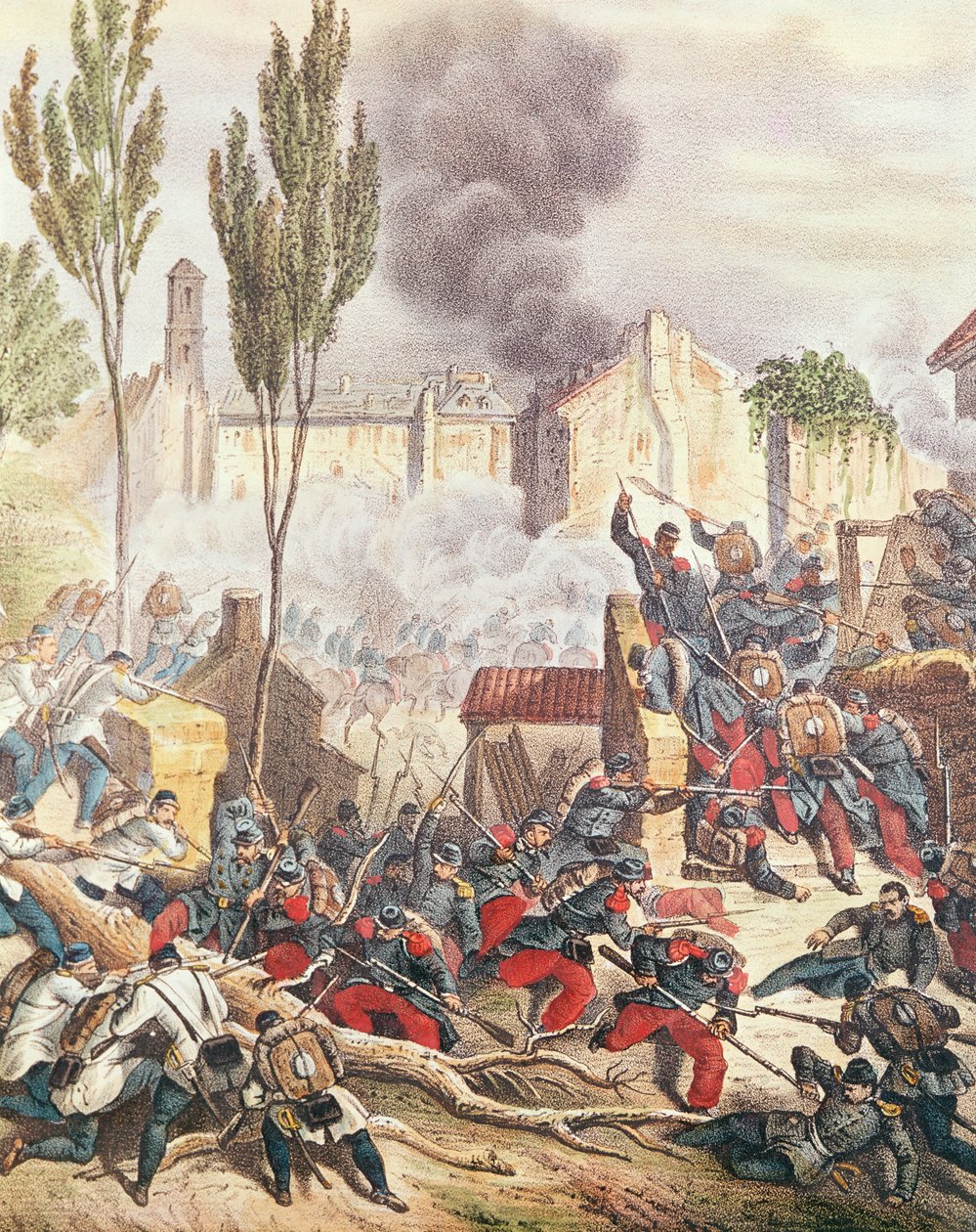 O piemontês e os franceses na batalha de Magenta em 1859 (gravura a cores) de Italian School