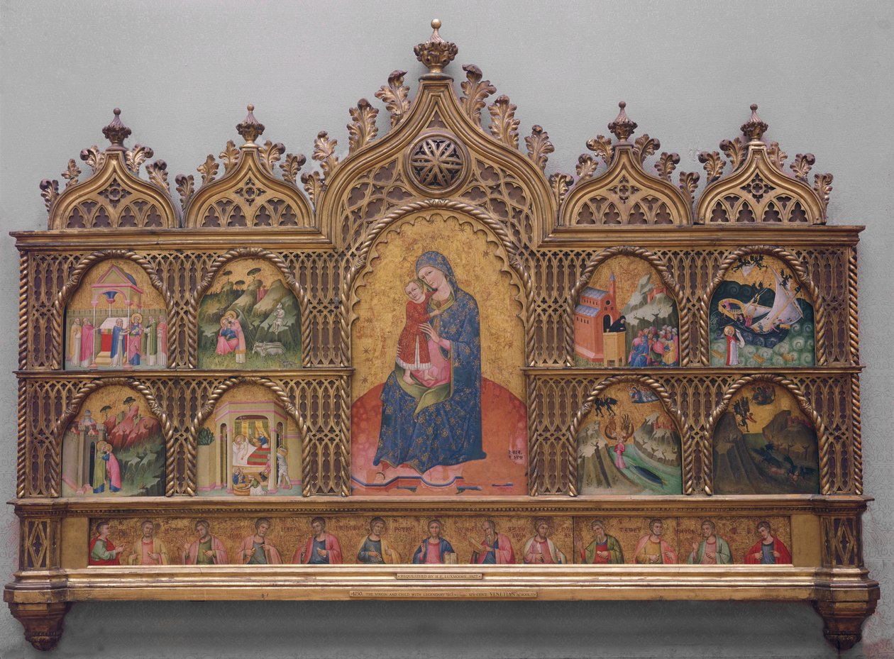 A Virgem e Criança com Cenas Lendárias (tempera no painel com ouro) de Italian School