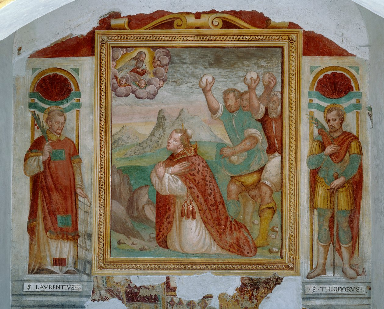 O martírio de Santo Estêvão entre os Santos Lawrence e Theodor de Italian School