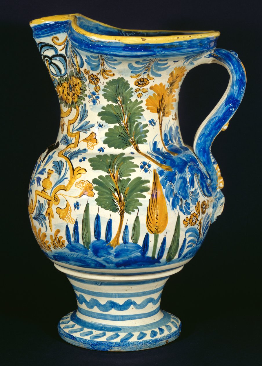 Jarro de vinho com bico de trevo, de uma oficina em Pesaro (argila esmaltada e pintada) de Italian School