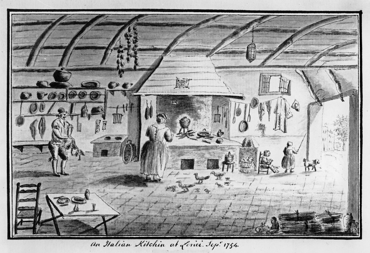 Vista de uma cozinha italiana em Lerici, em setembro de 1754 (caneta e tinta) de Italian School