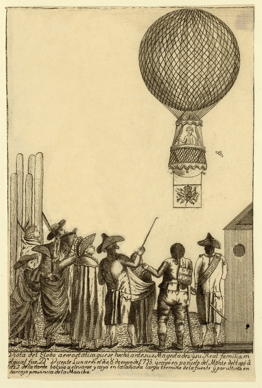Vista do balão aéreo que foi feito antes de sua magesta des e sua família real em que foi Dn. Vicente Lunardi em 8 de janeiro de 1793 pub 1793 de Italian School