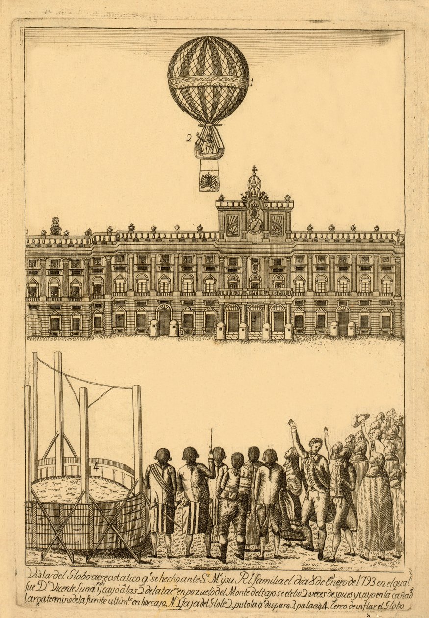 Vista do qe do globo isostático. Foi feito antes de Ss. Ms. e ela Rl. família em 8 de janeiro de 1793 em que foi Dn. Vicente Lunardi e caiu às 2 horas da tarde, pub. 1793 de Italian School