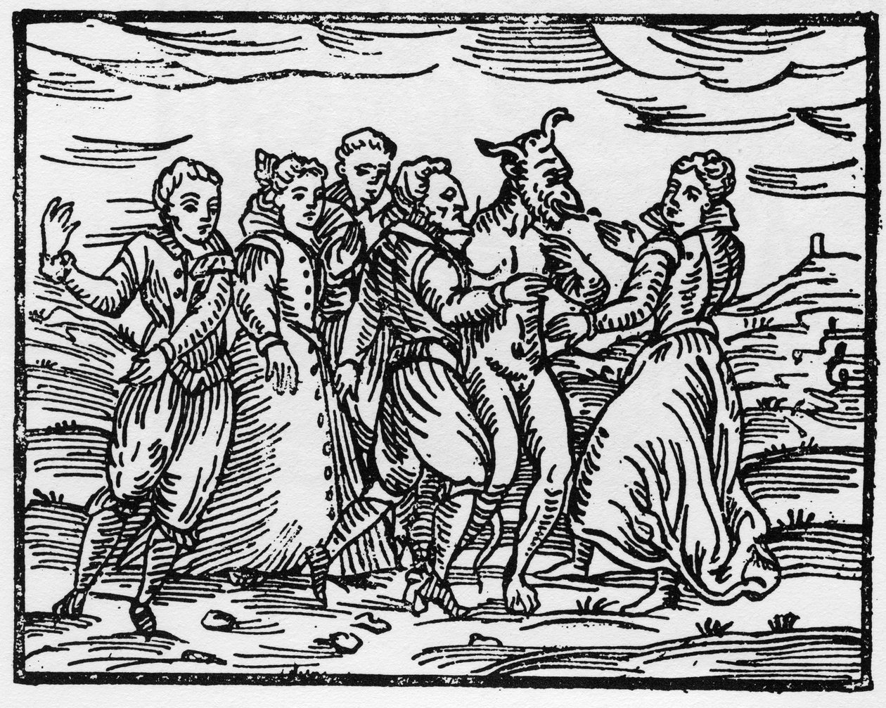 Bruxas dançando com o diabo, ilustração do Compendium Maleficarum por Francesco Maria Guazzo, 1608 de Italian School
