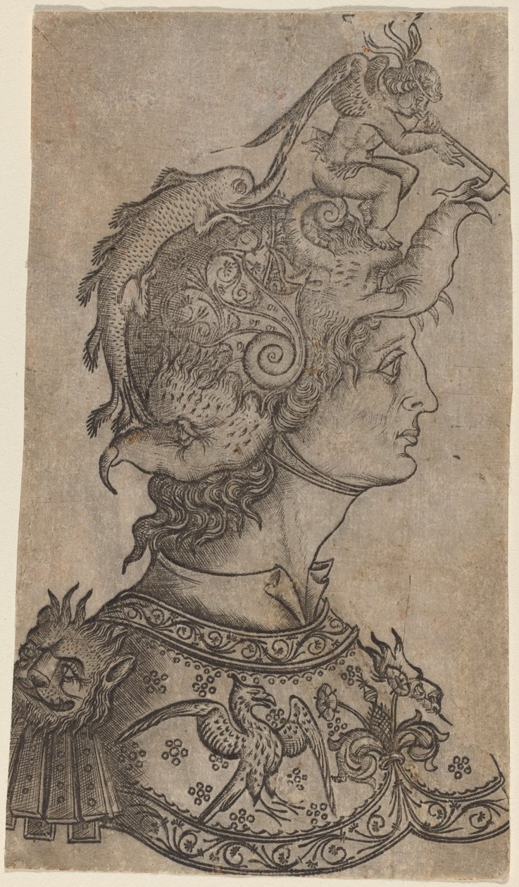 Homem em um capacete fantástico de Italian 15th Century