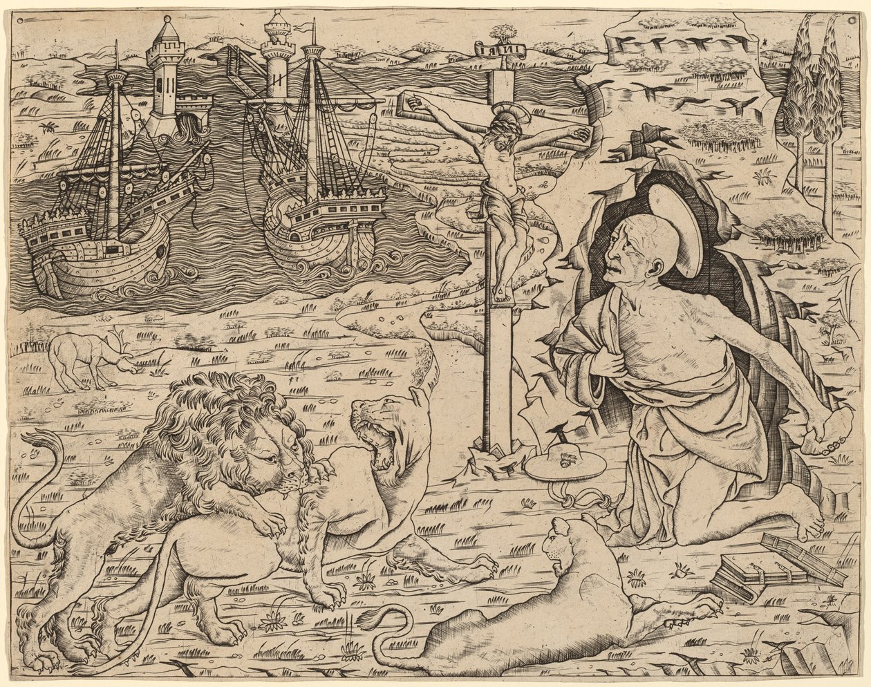 São Jerônimo em penitência, com dois navios em um porto de Italian 15th Century
